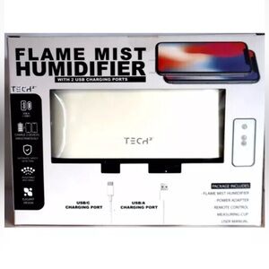 Tech2 Flame Mist Humidifier with 2 USB Charging Ports, White
